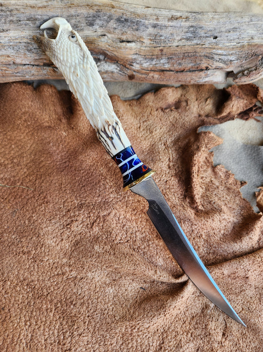 26-19 - Screaming Eagle Carved Deer Antler Narrow Fillet