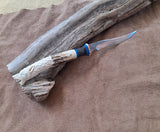 25-13 - Wolf Carved Deer Antler Blue Paper Micarta, Purple Maple Narrow Fillet