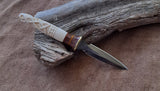 25-7 - Celtic Knot Carved Deer Antler Tip Natural Micarta, Orange Buckeye Burl Bodice Dagger