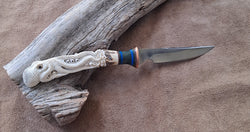 25-15 - Octopus Carved Deer Antler Natural Linen Micarta, Green and Blue G10, Green Quilted Maple Narrow Short Utility