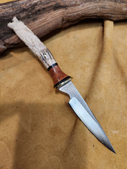 25-181 - Wolf Carved Deer Antler Narrow Drop Point Utility