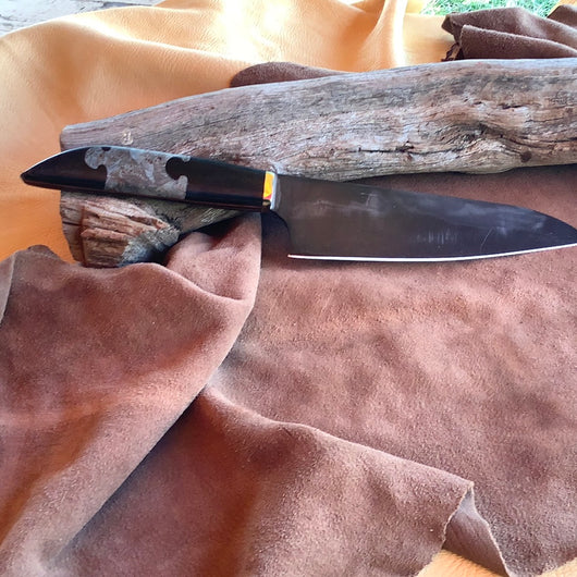 23-17 Black Linen Micarta with a Black Line Puzzle Piece with Stabilized Teal Dyed Maple Burl Chef