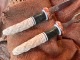 131-22 Deer Antler Carved Celtic Knots, Stabilized Teal Dyed Mango, Natural Linen Micarta, White G10, Eating Set