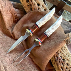 132-22 Deer Antler Carved Raven Eating Set