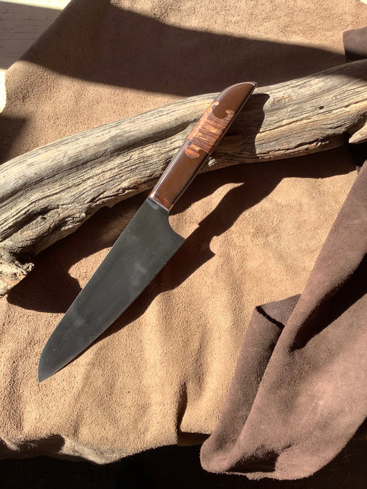 77-22 Brown Paper Micarta with 2 White Lines Puzzle Piece with Orange Maple Burl Chef