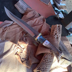 119-22 Antler Crown, Natural Linen Micarta, Black Paper Micarta and Blue Dyed Spalted Maple XL Wide Bowie