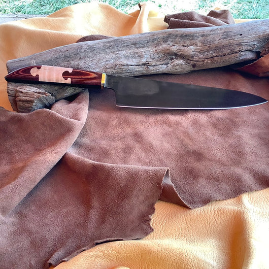 23-16 Red and Natural Micarta Puzzle Piece with Natural Quilted Maple Large Chef