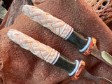 131-22 Deer Antler Carved Celtic Knots, Stabilized Teal Dyed Mango, Natural Linen Micarta, White G10, Eating Set