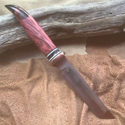 3-21 Tanto w/ Stabilized Red Dyed Quilted Maple w/Smokey Resin handle